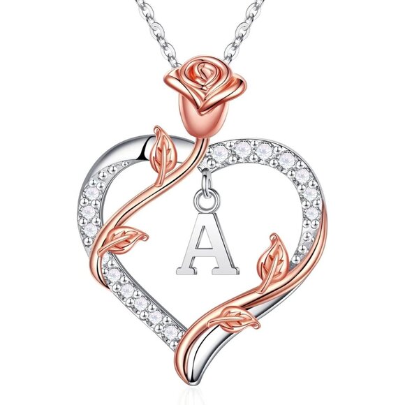 Sterling Silver Rose Heart Necklace with Initial Gift Box 18+2